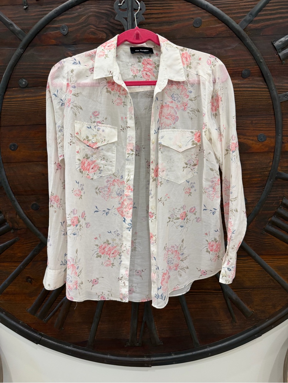 The Kooples White Sheer Floral Button-Down Blouse with Pink Roses